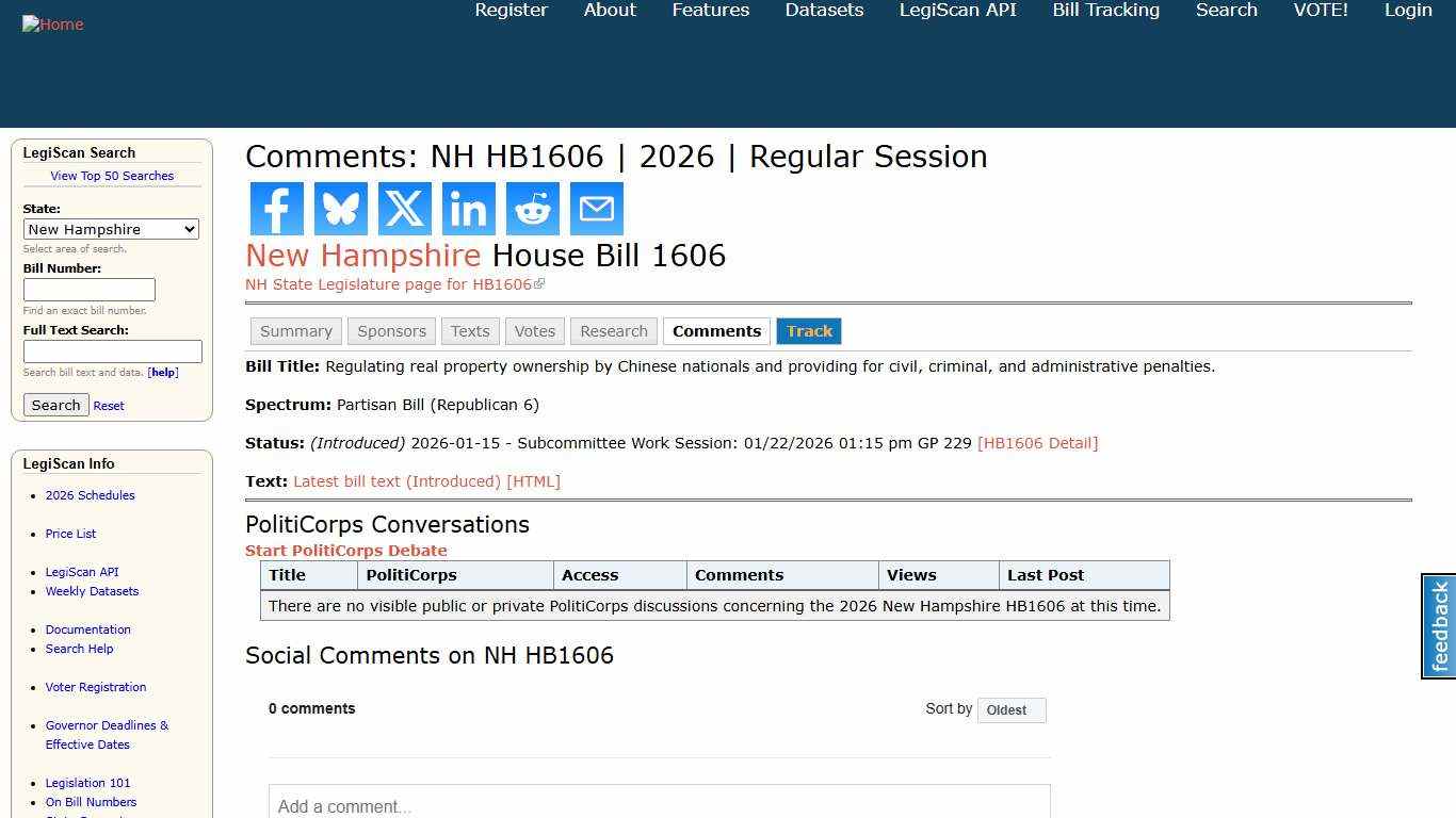 Comments: NH HB1606 2026 Regular Session LegiScan
